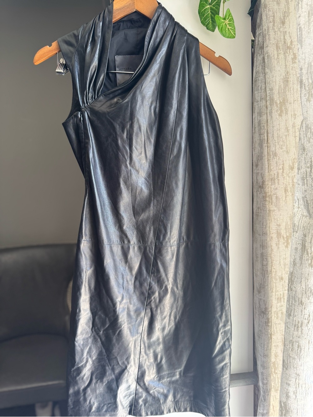 Greta Constantine x Danier SKIN Black Lambskin Leather Draped Dress
